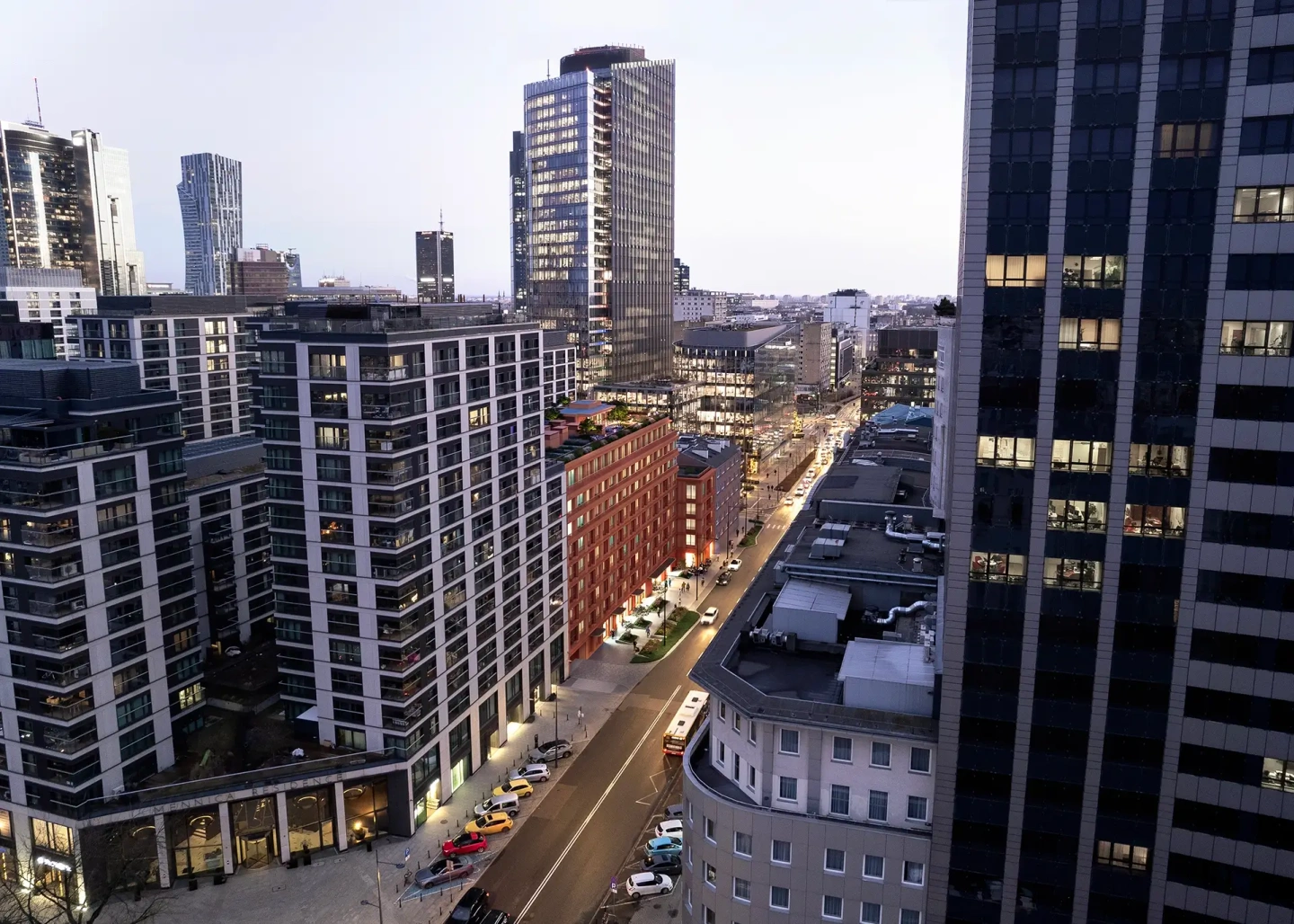 Widok z lotu ptaka na ulicę Żelazną i inwestycję Żelazną 54