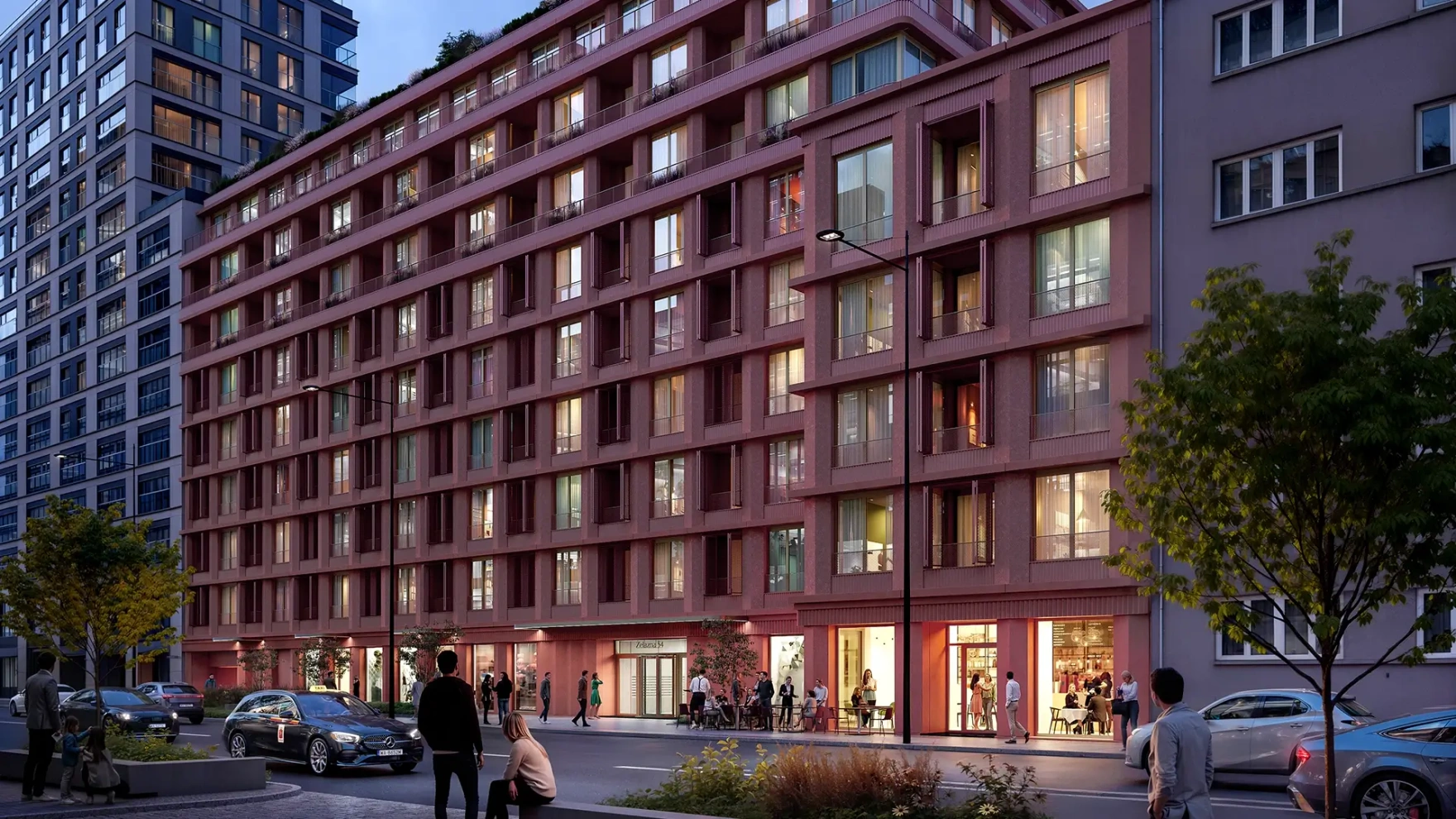 Wizualizacja inwestycji Żelazna 54 od strony ulicy Żelaznej w nocnej oprawie