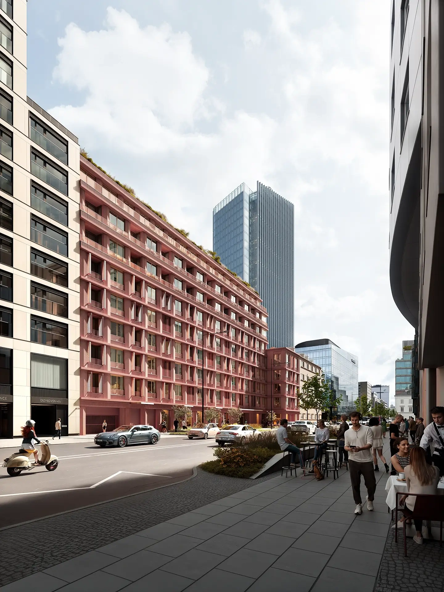 Wizualizacja inwestycji Żelazna 54 od strony ulicy Żelaznej w dziennej scenerii